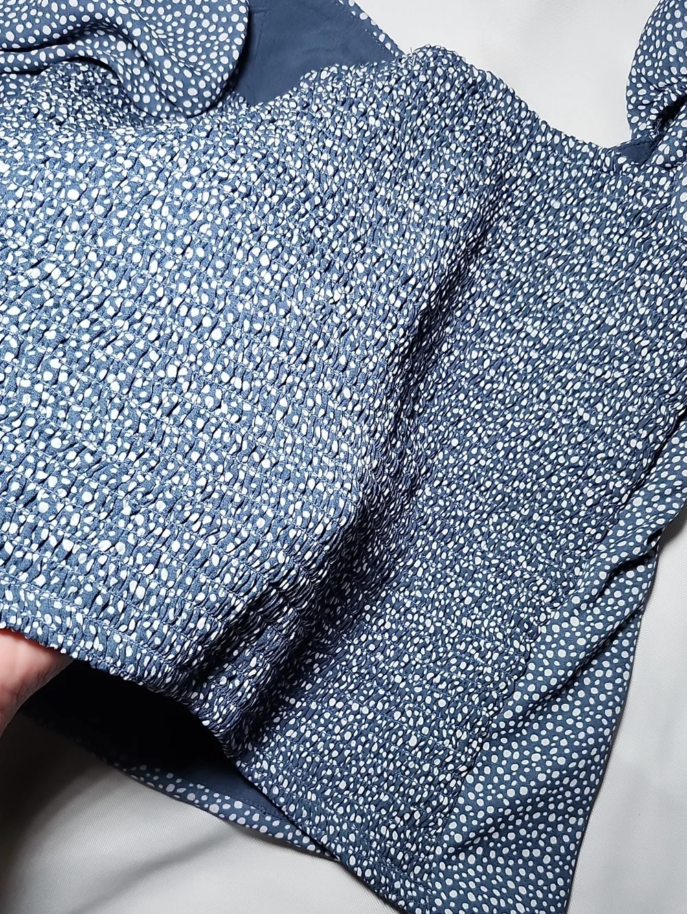 Abercrombie & Fitch Navy Puff-Sleeve Smocked Crop Top with White Dot Print